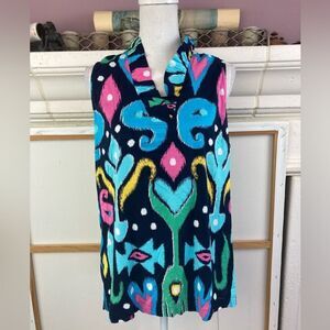 Crown& Ivy BNWT Navy Ikat w/ ruffle neckline sleeveless blouse